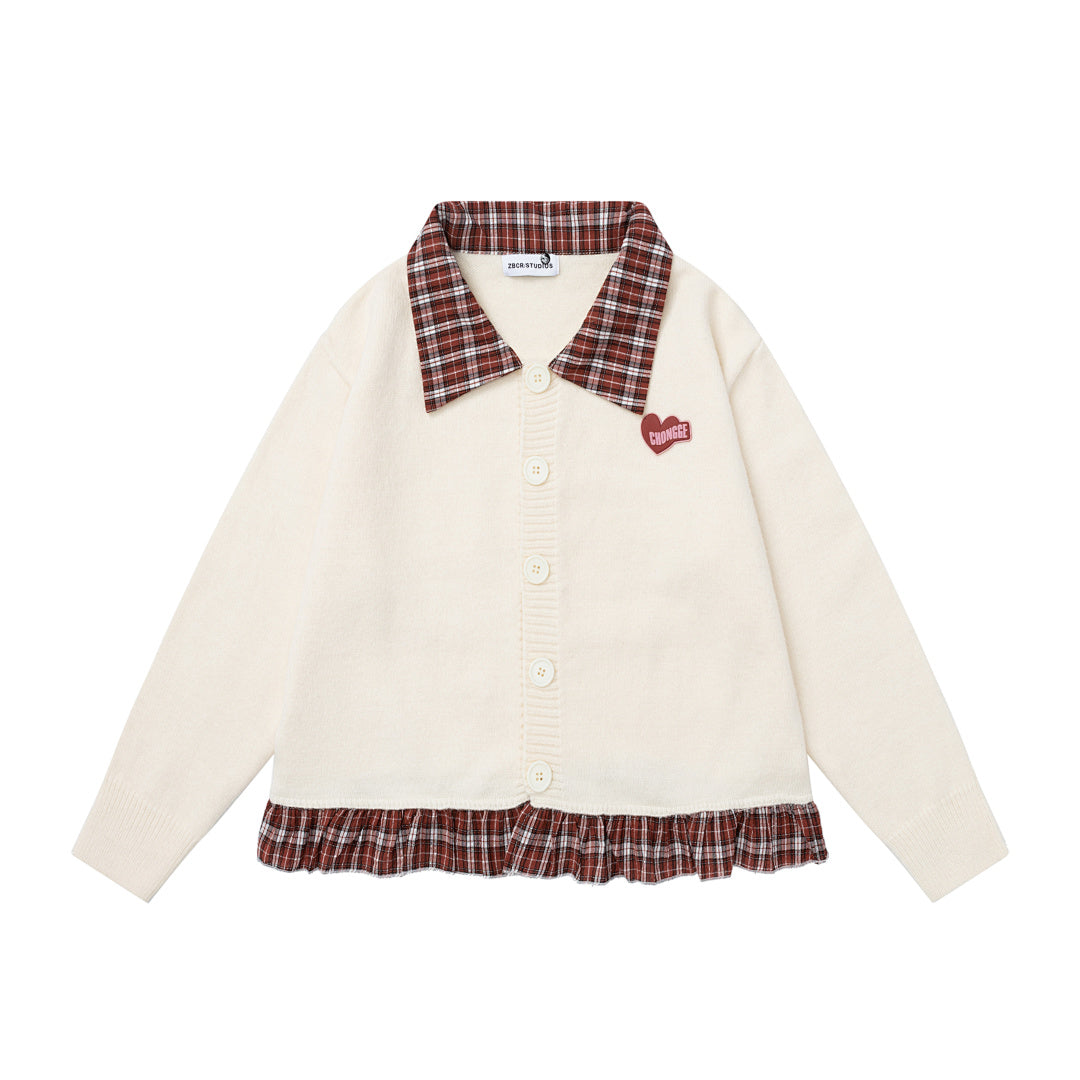 Plaid Ruffle Trim Heart Patch Knit Cardigan