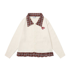 Plaid Ruffle Trim Heart Patch Knit Cardigan