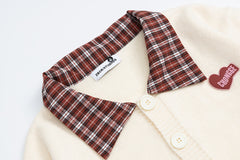 Plaid Ruffle Trim Heart Patch Knit Cardigan