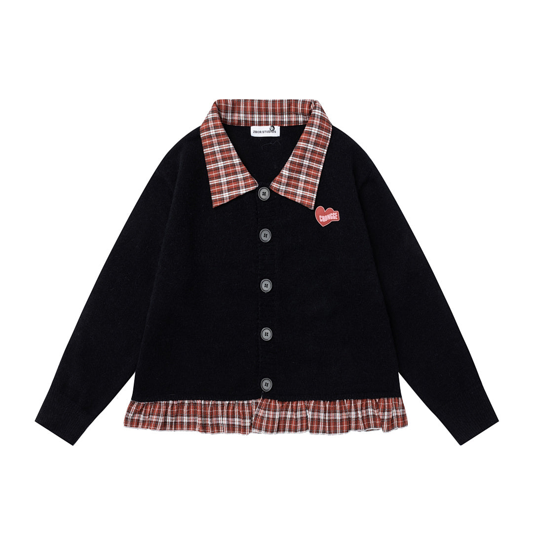 Plaid Ruffle Trim Heart Patch Knit Cardigan