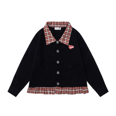 Plaid Ruffle Trim Heart Patch Knit Cardigan