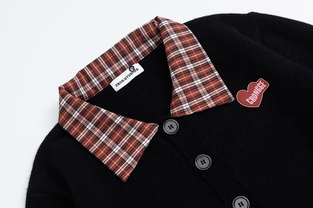 Plaid Ruffle Trim Heart Patch Knit Cardigan