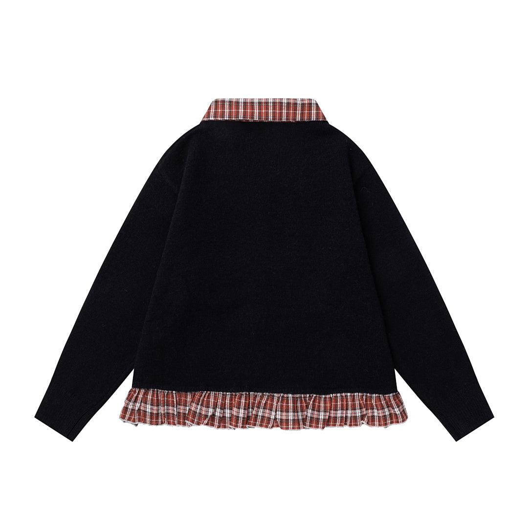 Plaid Ruffle Trim Heart Patch Knit Cardigan