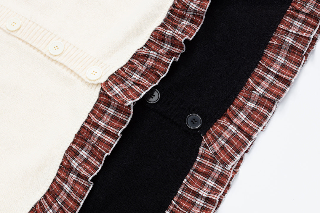 Plaid Ruffle Trim Heart Patch Knit Cardigan