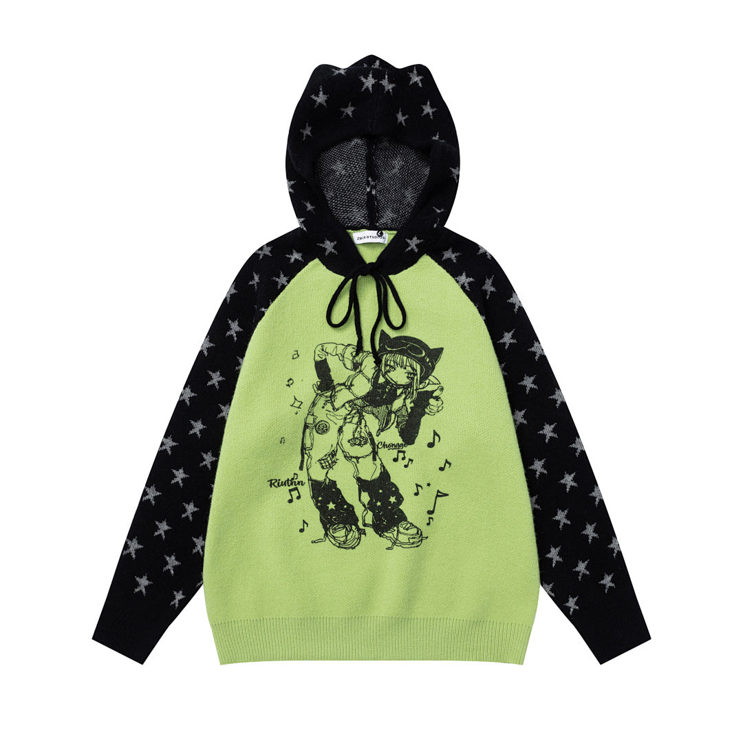 Raglan Star Knit Hoodie Anime Girl Graphic