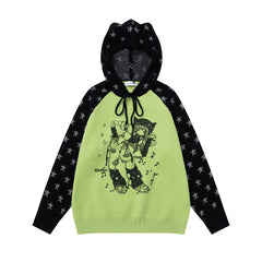 Raglan Star Knit Hoodie Anime Girl Graphic