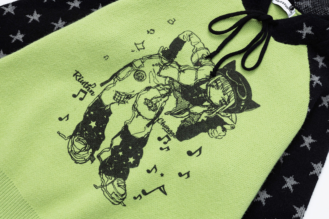 Raglan Star Knit Hoodie Anime Girl Graphic