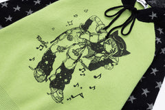 Raglan Star Knit Hoodie Anime Girl Graphic