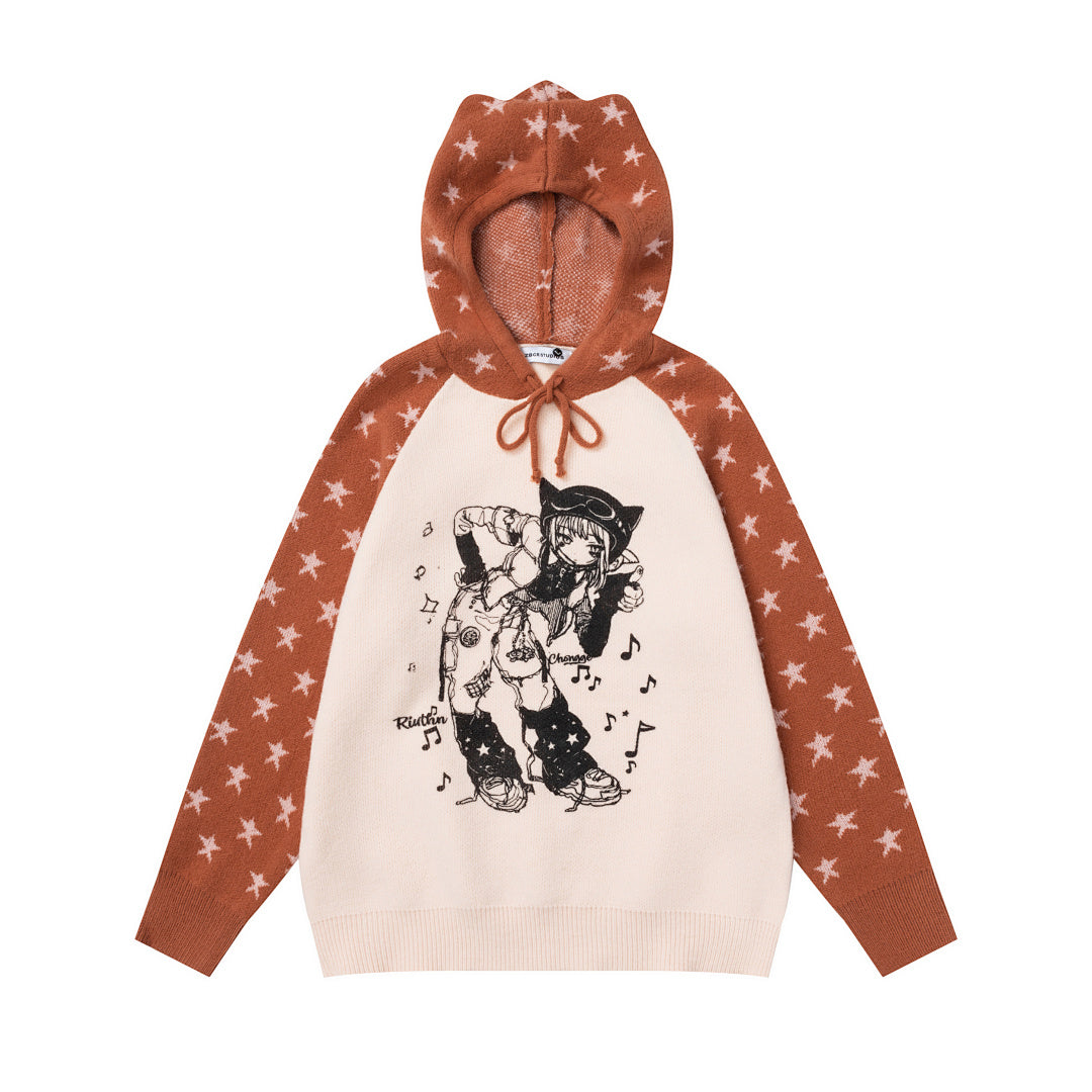 Raglan Star Knit Hoodie Anime Girl Graphic