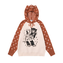 Raglan Star Knit Hoodie Anime Girl Graphic