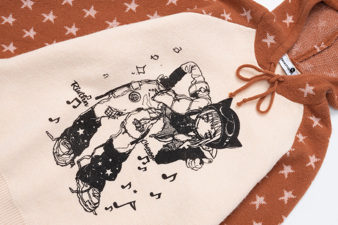 Raglan Star Knit Hoodie Anime Girl Graphic