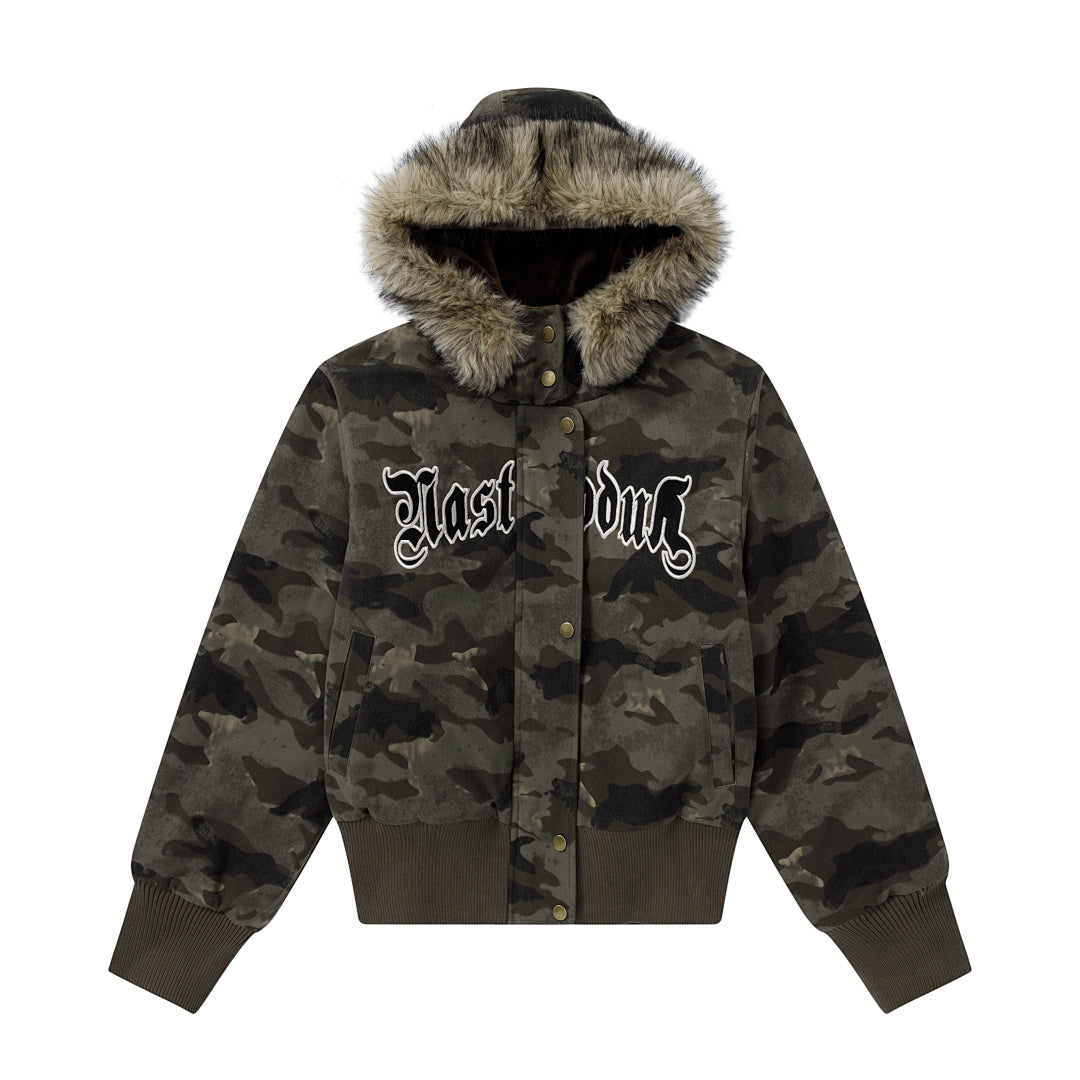 Detachable Fur Collar Camo Bomber Jacket Gothic Letter Embroidery