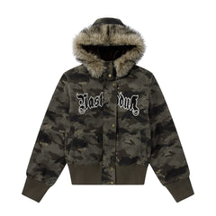 Detachable Fur Collar Camo Bomber Jacket Gothic Letter Embroidery