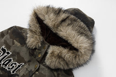 Detachable Fur Collar Camo Bomber Jacket Gothic Letter Embroidery