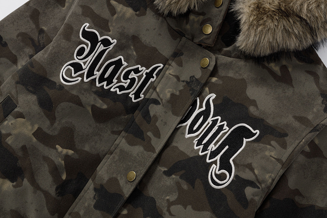 Detachable Fur Collar Camo Bomber Jacket Gothic Letter Embroidery
