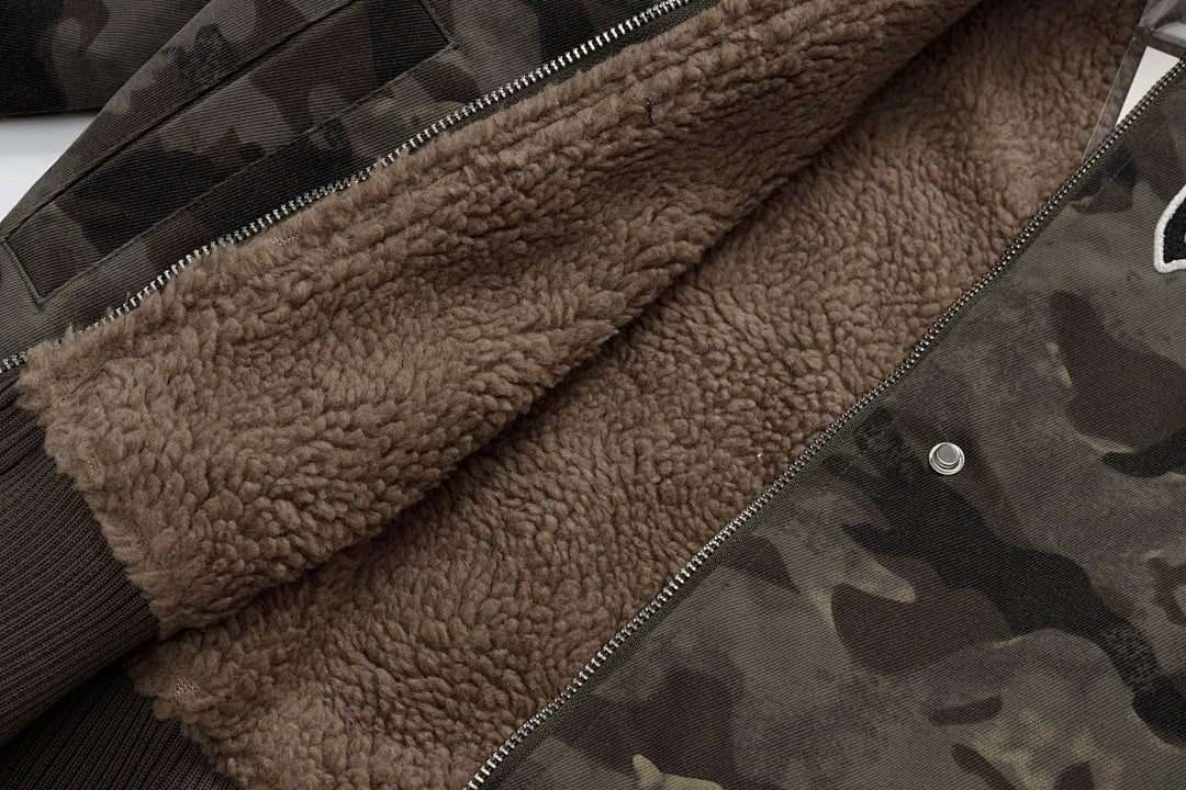 Detachable Fur Collar Camo Bomber Jacket Gothic Letter Embroidery