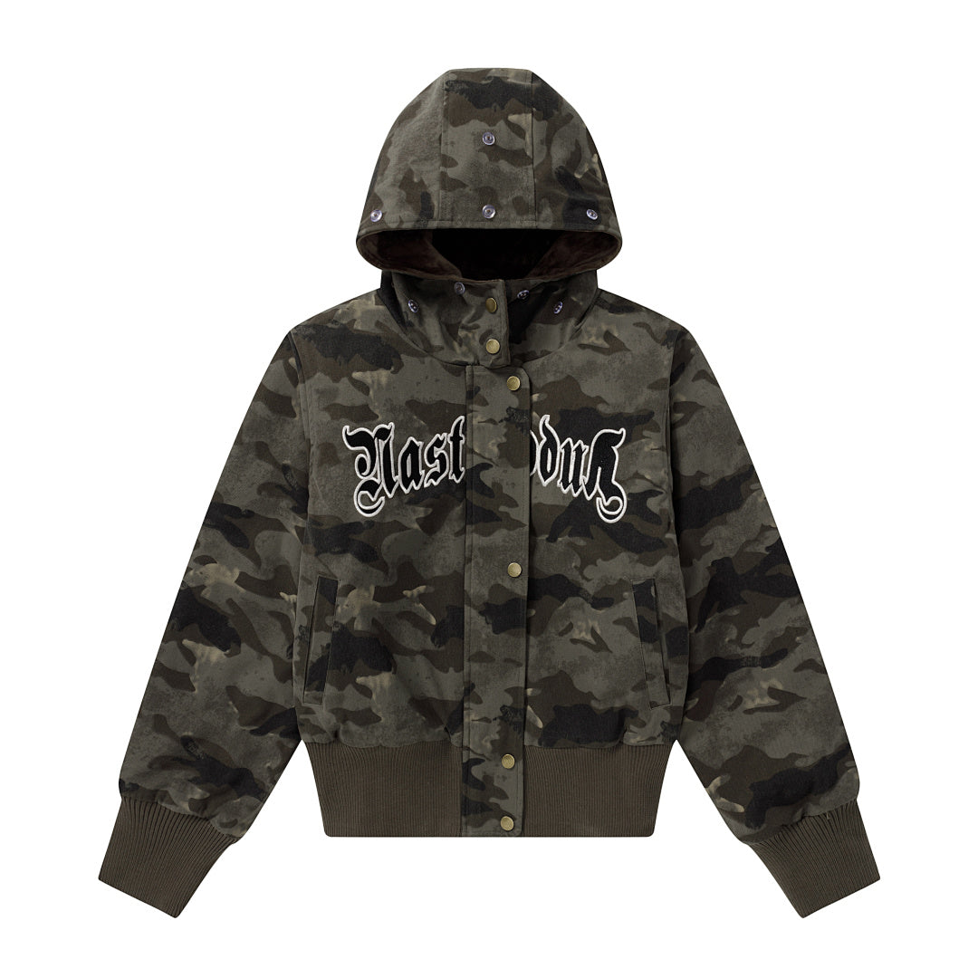 Detachable Fur Collar Camo Bomber Jacket Gothic Letter Embroidery