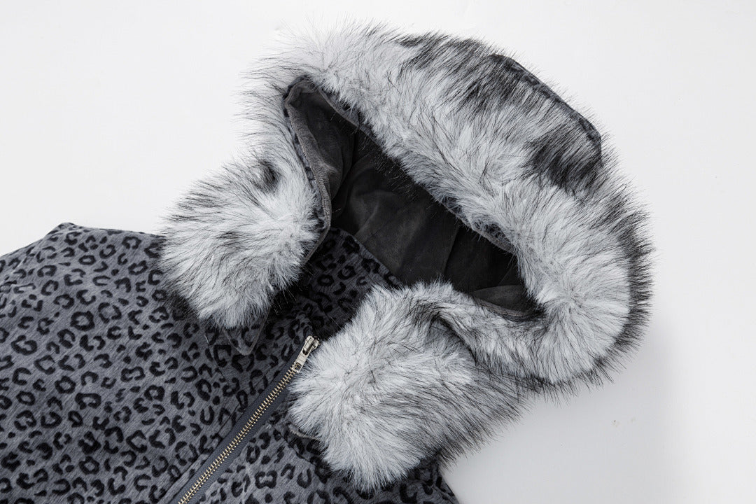Detachable Fur Trim Grey Leopard Cropped Hooded Jacket