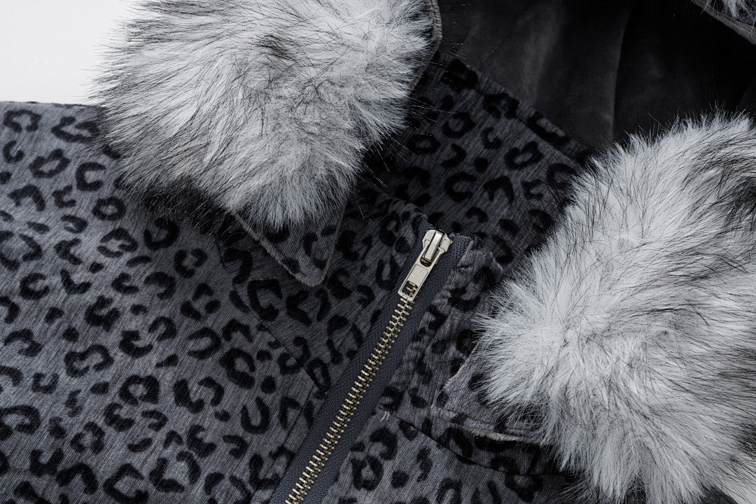 Detachable Fur Trim Grey Leopard Cropped Hooded Jacket