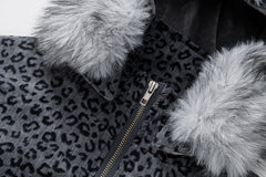 Detachable Fur Trim Grey Leopard Cropped Hooded Jacket