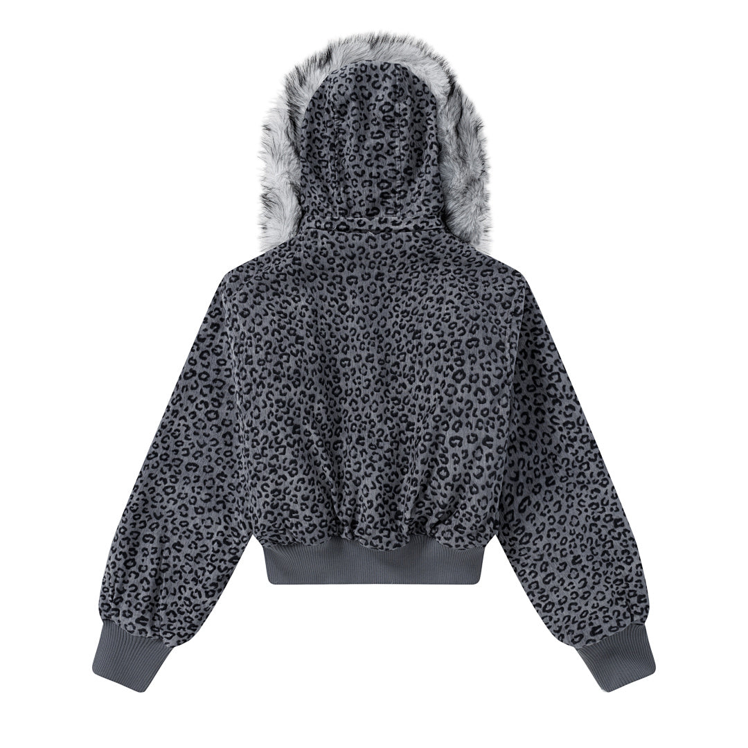 Detachable Fur Trim Grey Leopard Cropped Hooded Jacket