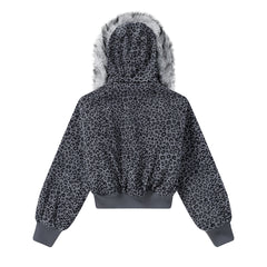 Detachable Fur Trim Grey Leopard Cropped Hooded Jacket