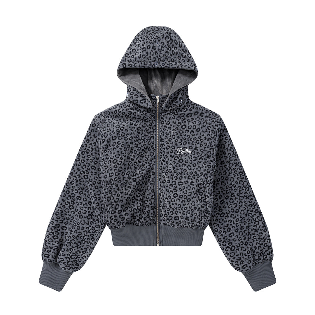 Detachable Fur Trim Grey Leopard Cropped Hooded Jacket