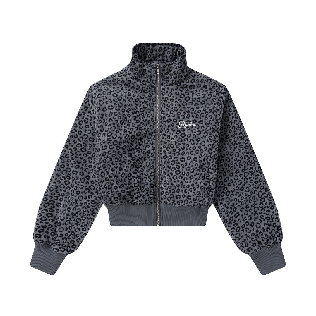 Detachable Fur Trim Grey Leopard Cropped Hooded Jacket