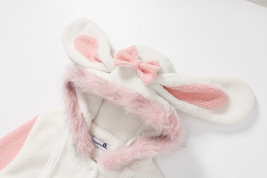 Color Block Bunny Ear Fleece Hooded Jacket
