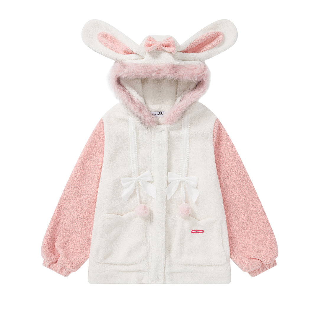 Color Block Bunny Ear Fleece Hooded Jacket