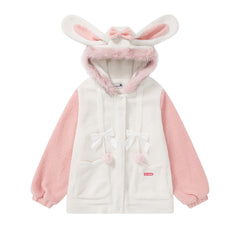 Color Block Bunny Ear Fleece Hooded Jacket