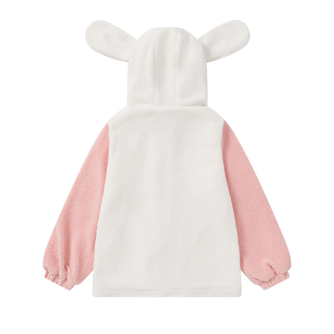 Color Block Bunny Ear Fleece Hooded Jacket