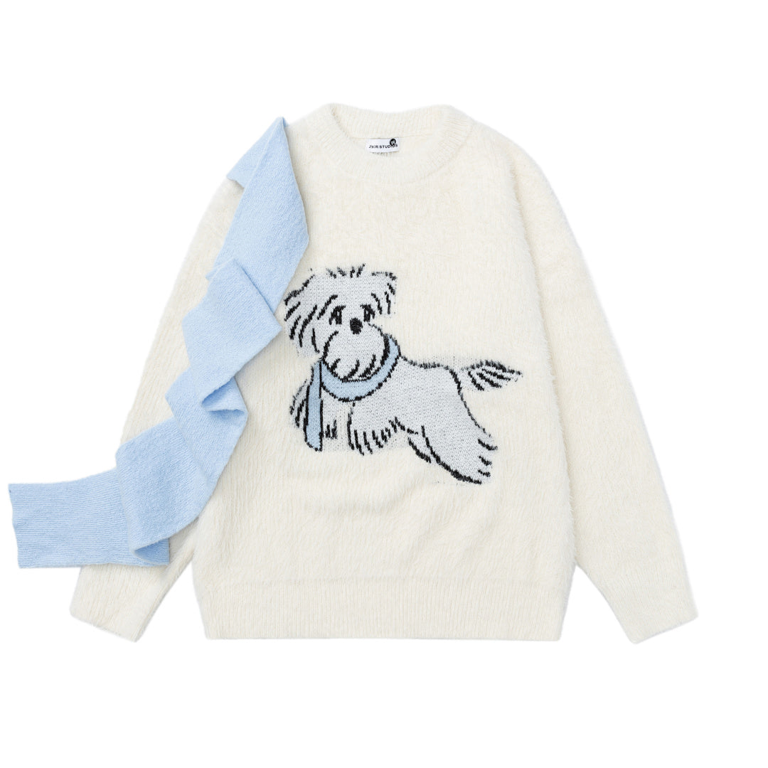 Cartoon Dog Jacquard Fuzzy Sweater With Detachable Scarf
