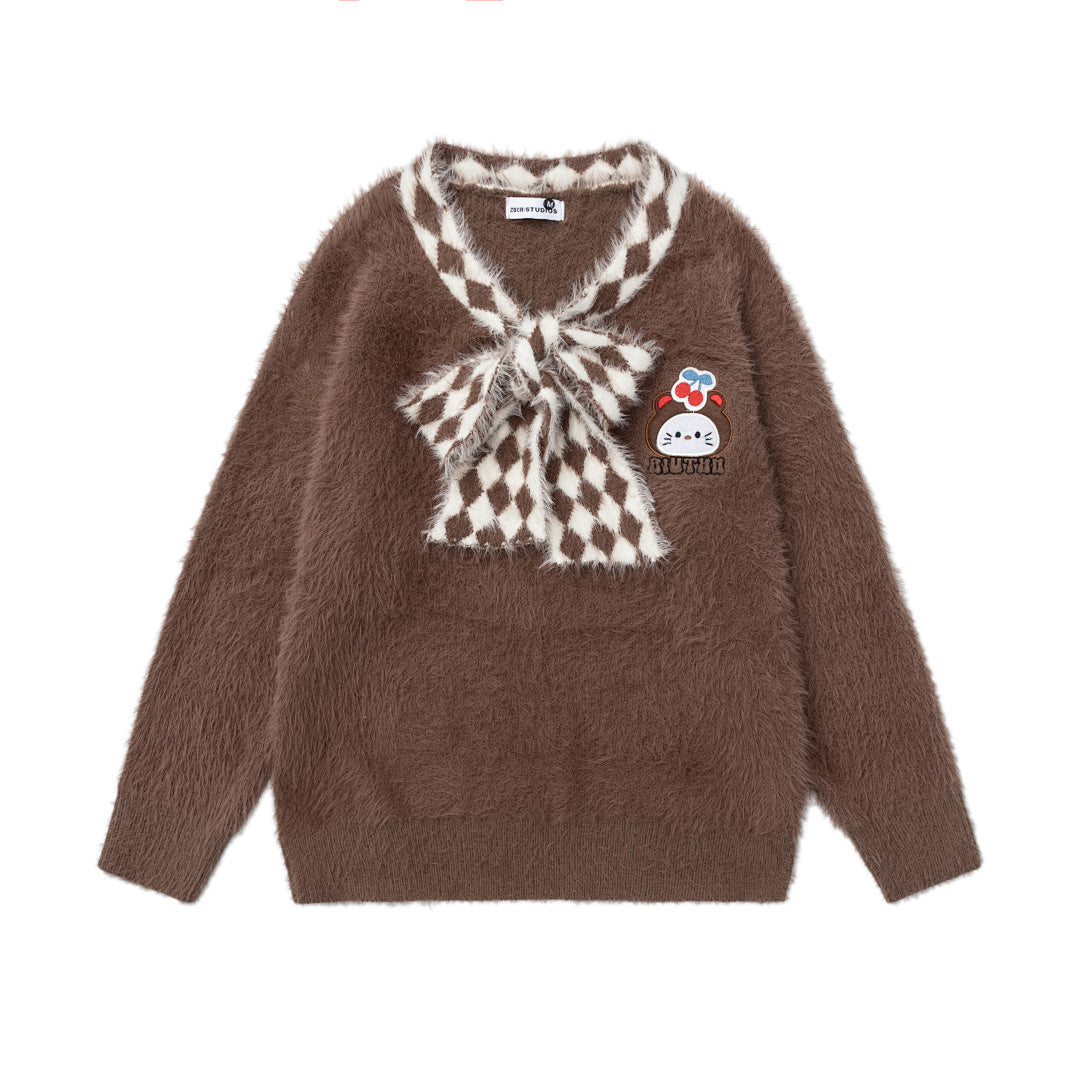 Fuzzy V‑Neck Checkered Bow Scarf Cartoon Patch Knit Sweater