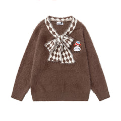 Fuzzy V‑Neck Checkered Bow Scarf Cartoon Patch Knit Sweater