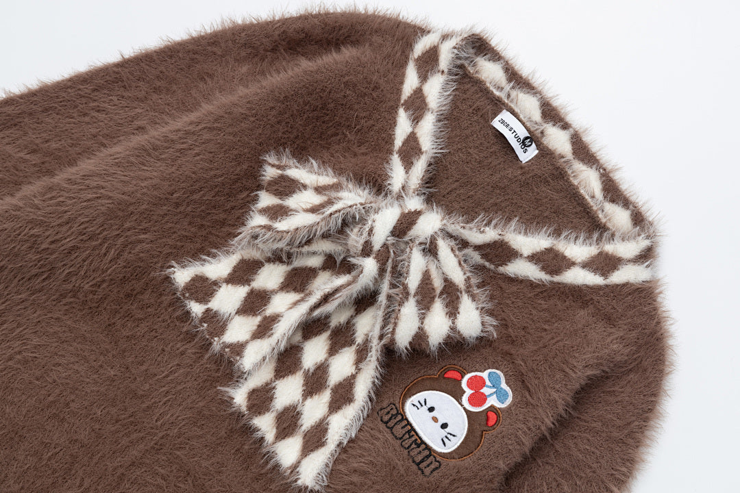 Fuzzy V‑Neck Checkered Bow Scarf Cartoon Patch Knit Sweater