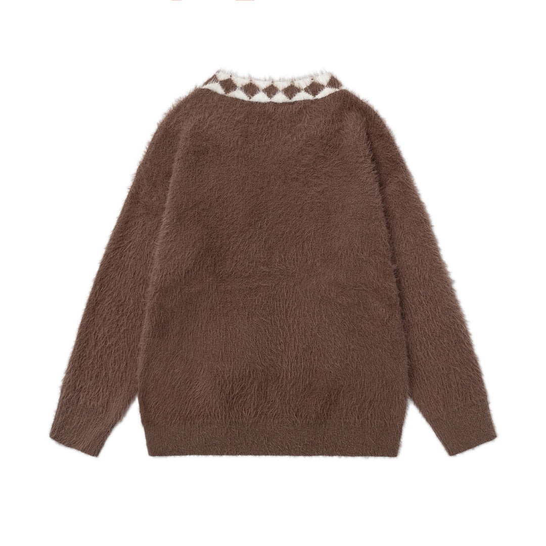 Fuzzy V‑Neck Checkered Bow Scarf Cartoon Patch Knit Sweater