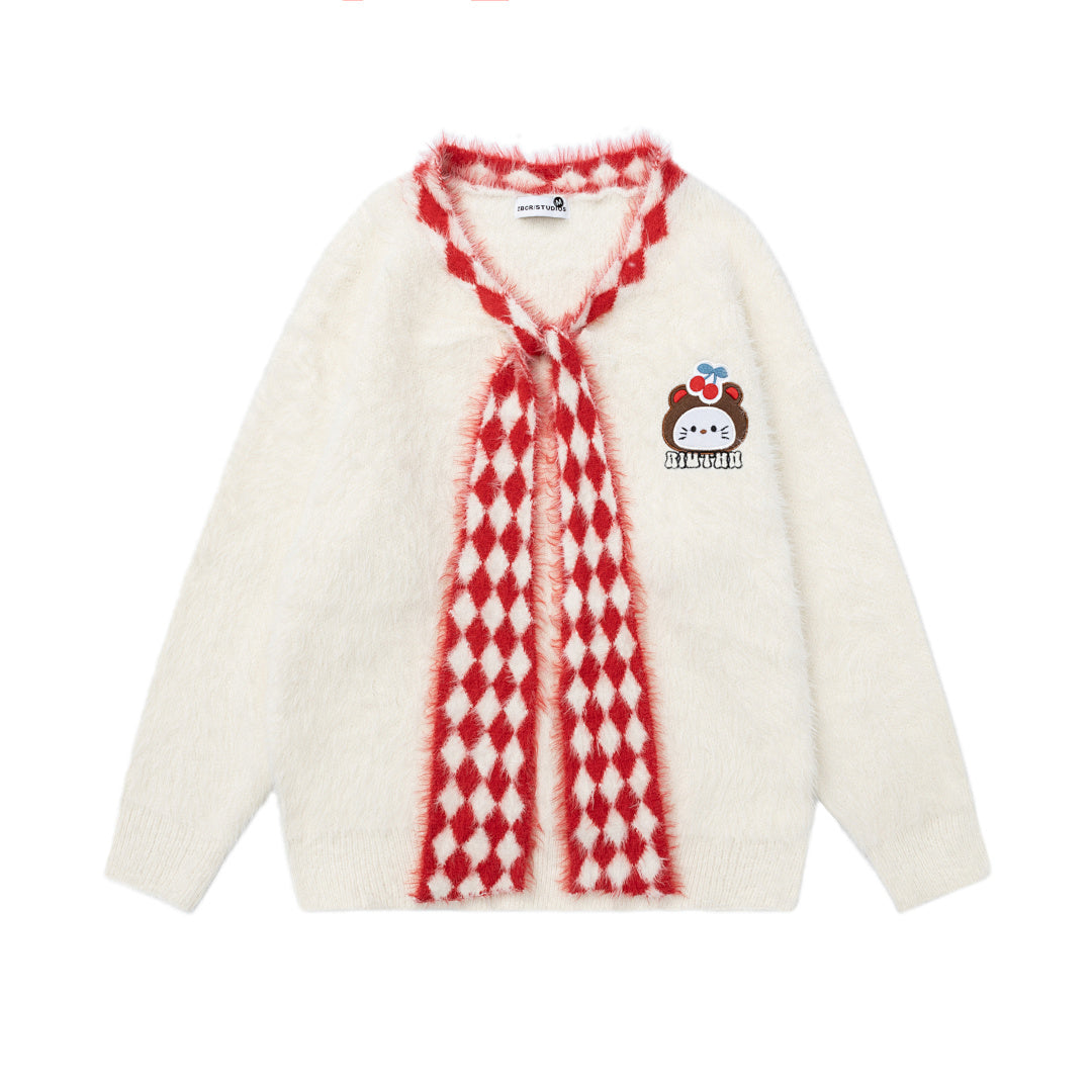 Fuzzy V‑Neck Checkered Bow Scarf Cartoon Patch Knit Sweater