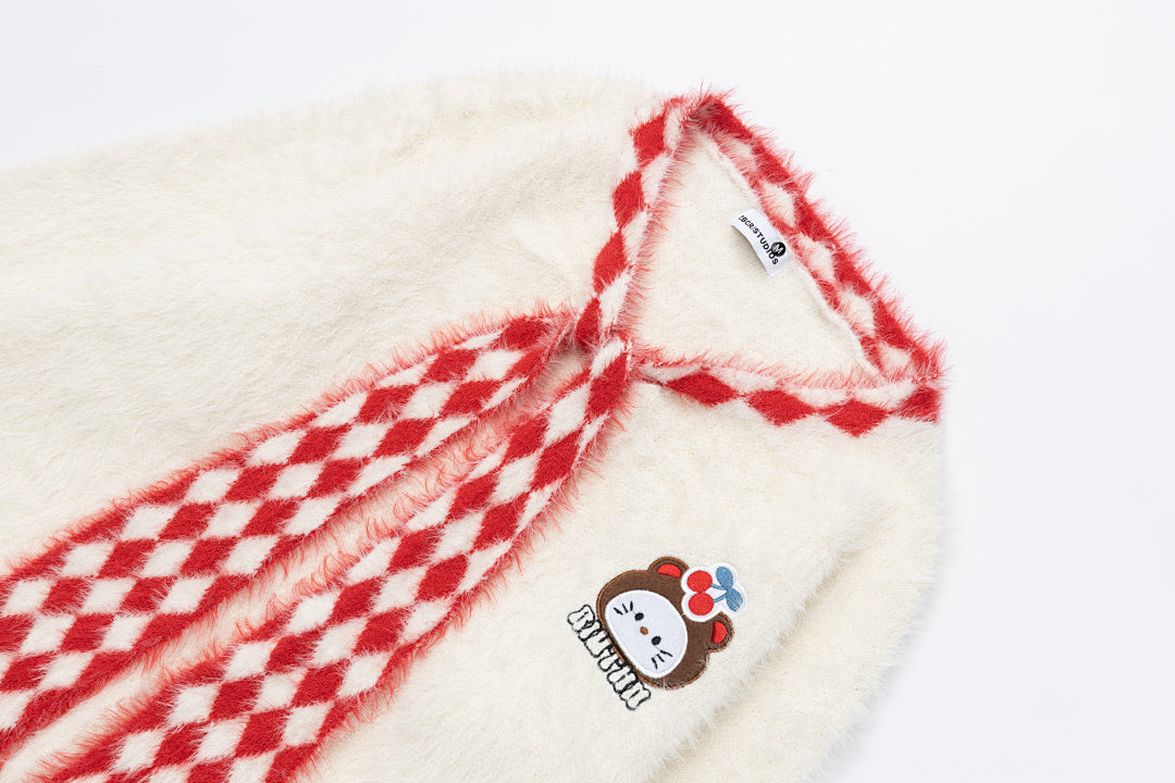Fuzzy V‑Neck Checkered Bow Scarf Cartoon Patch Knit Sweater