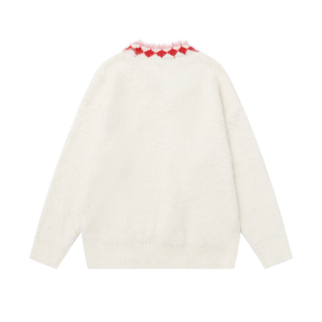 Fuzzy V‑Neck Checkered Bow Scarf Cartoon Patch Knit Sweater