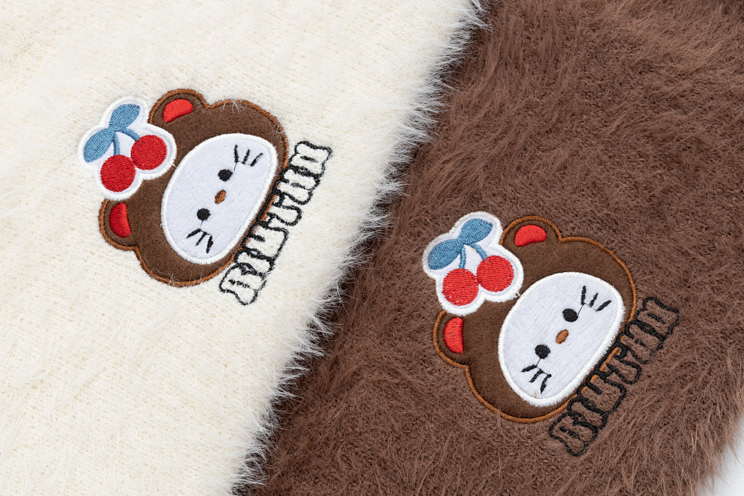 Fuzzy V‑Neck Checkered Bow Scarf Cartoon Patch Knit Sweater