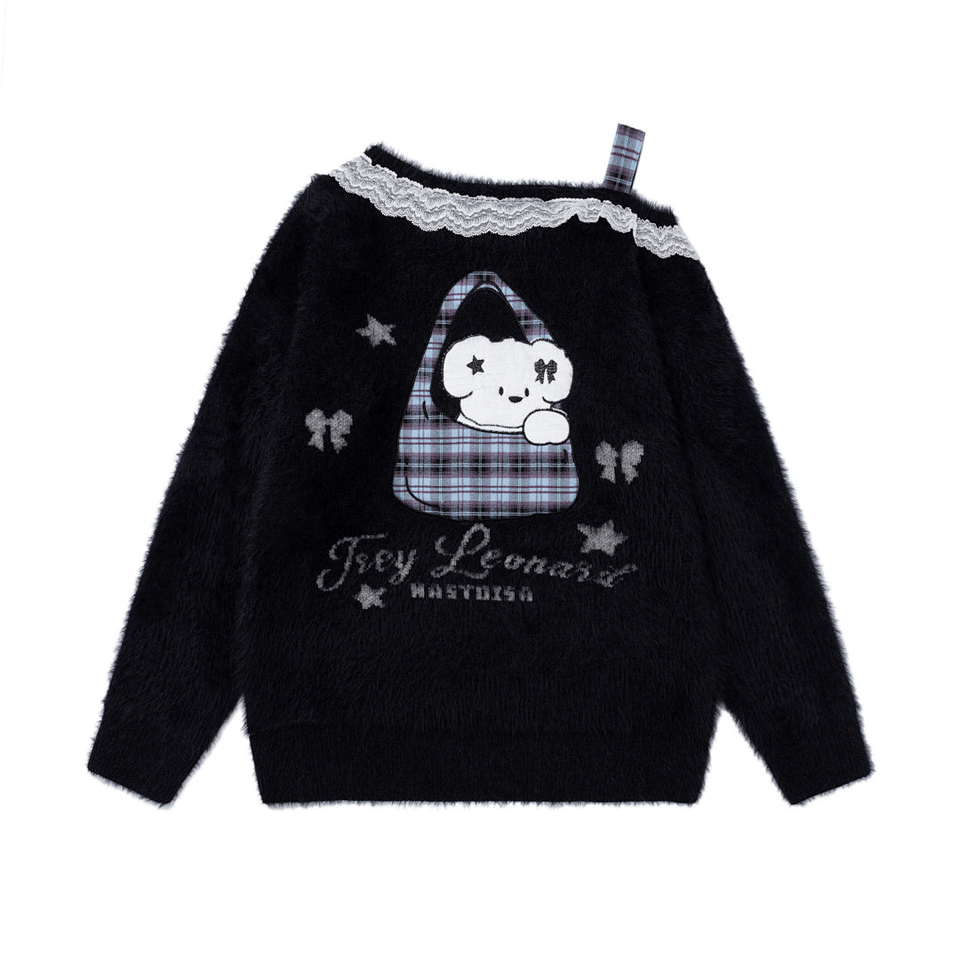 Off‑Shoulder Fuzzy Sweater Lace Trim Bear Bag Graphic