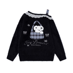 Off‑Shoulder Fuzzy Sweater Lace Trim Bear Bag Graphic