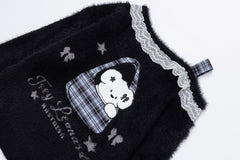 Off‑Shoulder Fuzzy Sweater Lace Trim Bear Bag Graphic