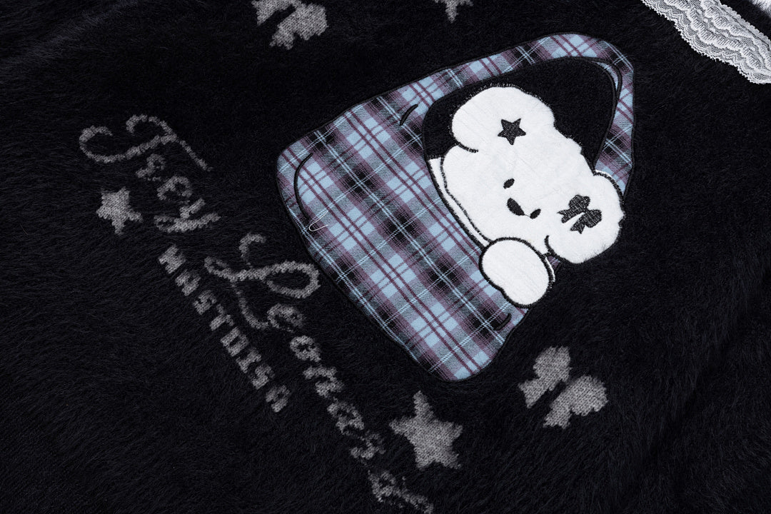 Off‑Shoulder Fuzzy Sweater Lace Trim Bear Bag Graphic