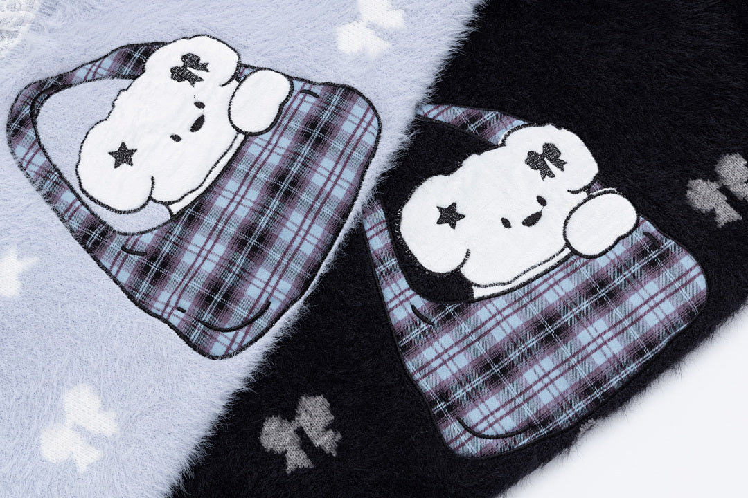 Off‑Shoulder Fuzzy Sweater Lace Trim Bear Bag Graphic