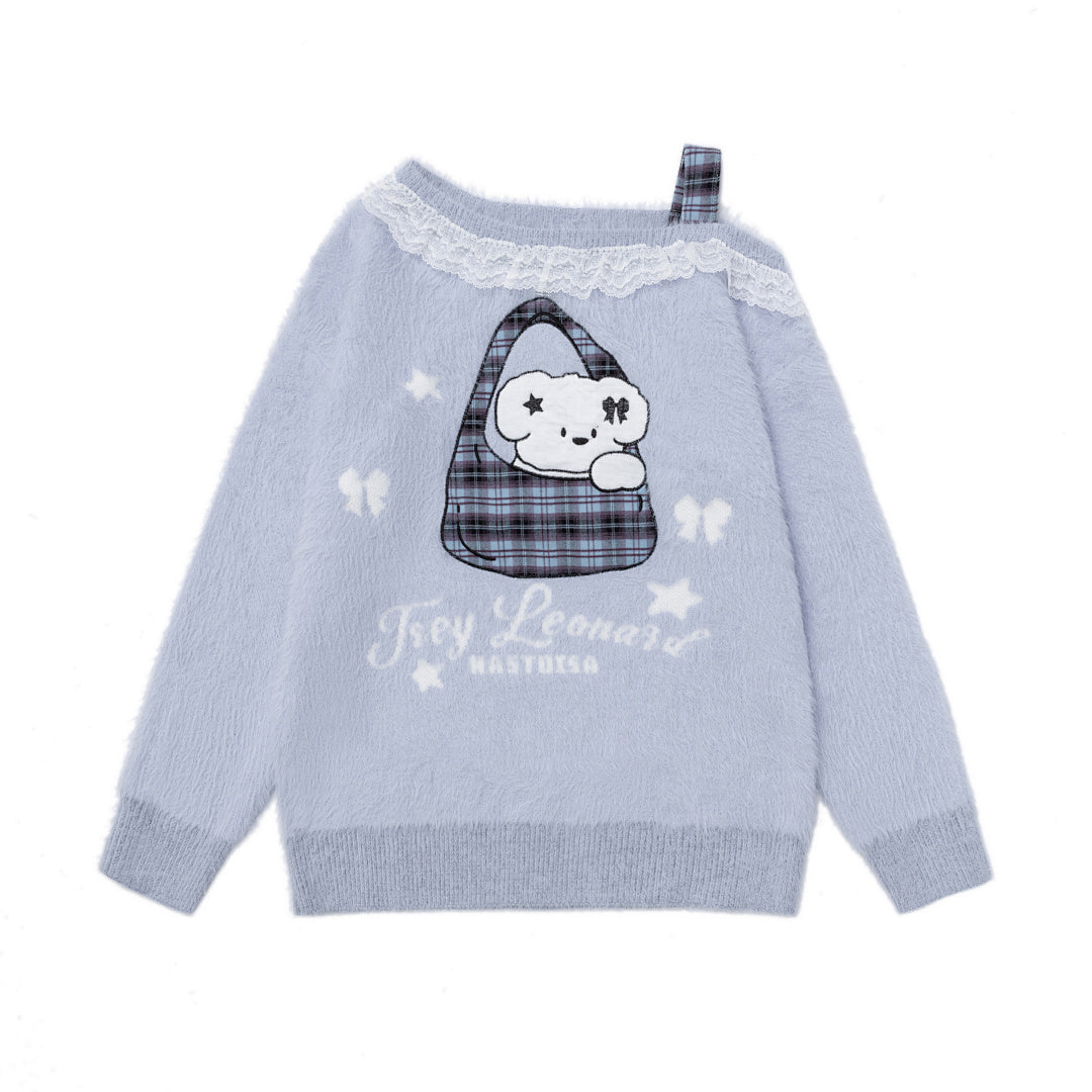 Off‑Shoulder Fuzzy Sweater Lace Trim Bear Bag Graphic