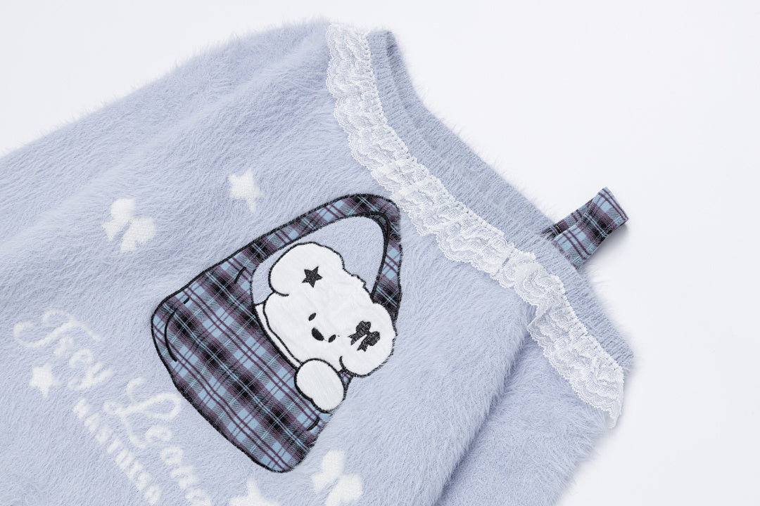 Off‑Shoulder Fuzzy Sweater Lace Trim Bear Bag Graphic