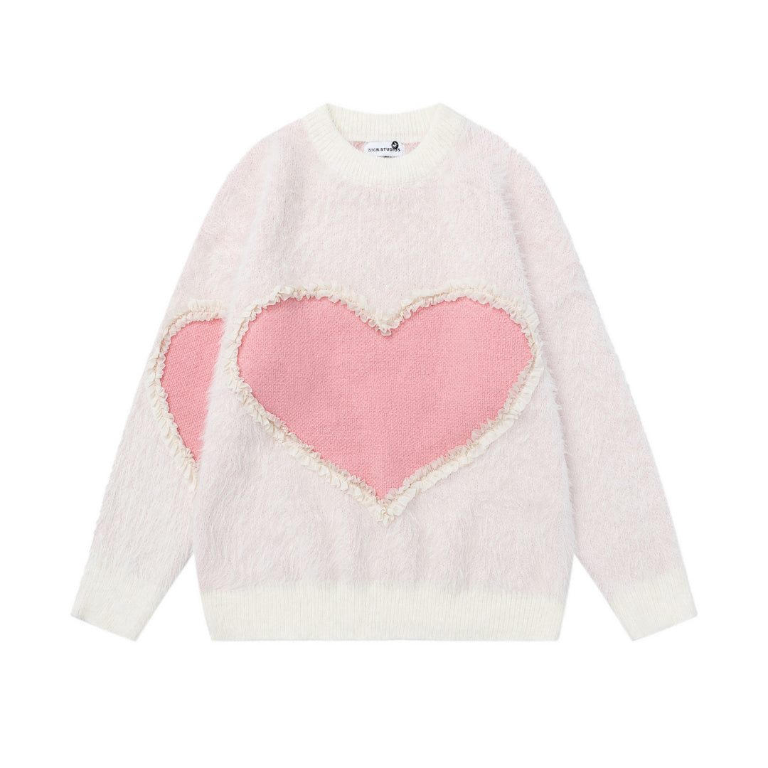 Fuzzy Ruffled Heart Patch Crewneck Knit Sweater