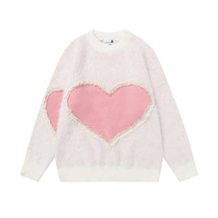 Fuzzy Ruffled Heart Patch Crewneck Knit Sweater
